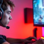 Competitive gamer intensely focused on desktop monitor during action game session, colorful game graphics visible on screen, professional gaming setup with RGB lighting
