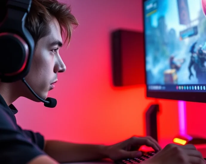 Competitive gamer intensely focused on desktop monitor during action game session, colorful game graphics visible on screen, professional gaming setup with RGB lighting