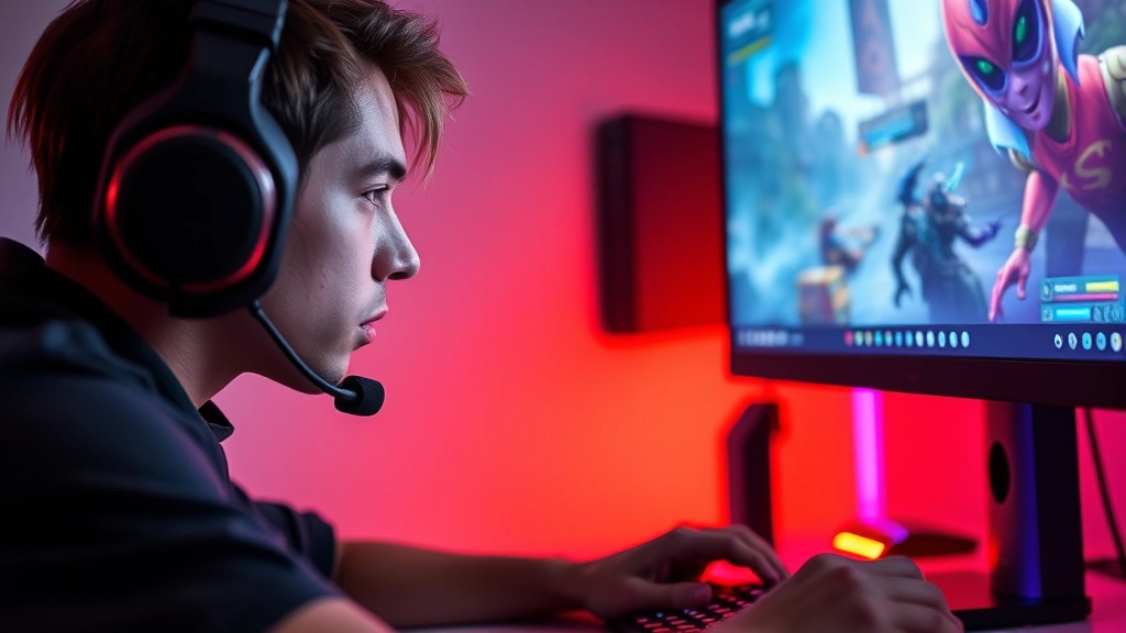 Competitive gamer intensely focused on desktop monitor during action game session, colorful game graphics visible on screen, professional gaming setup with RGB lighting