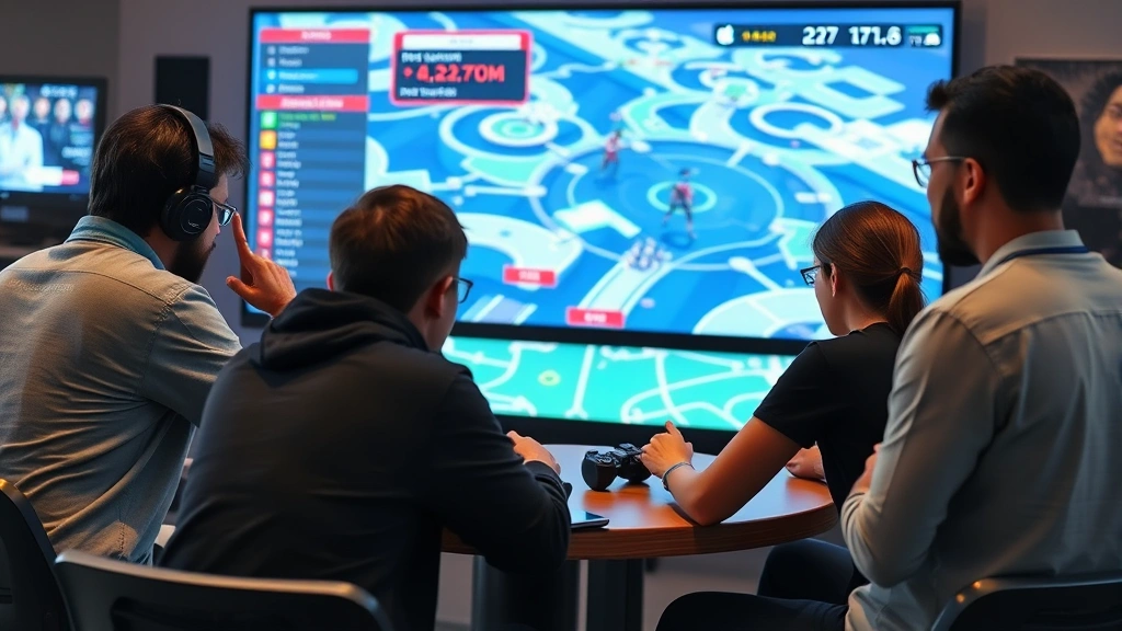 Multiple players collaborating on strategy game visible on large screen, casual gaming environment with friends, teamwork and communication in gaming