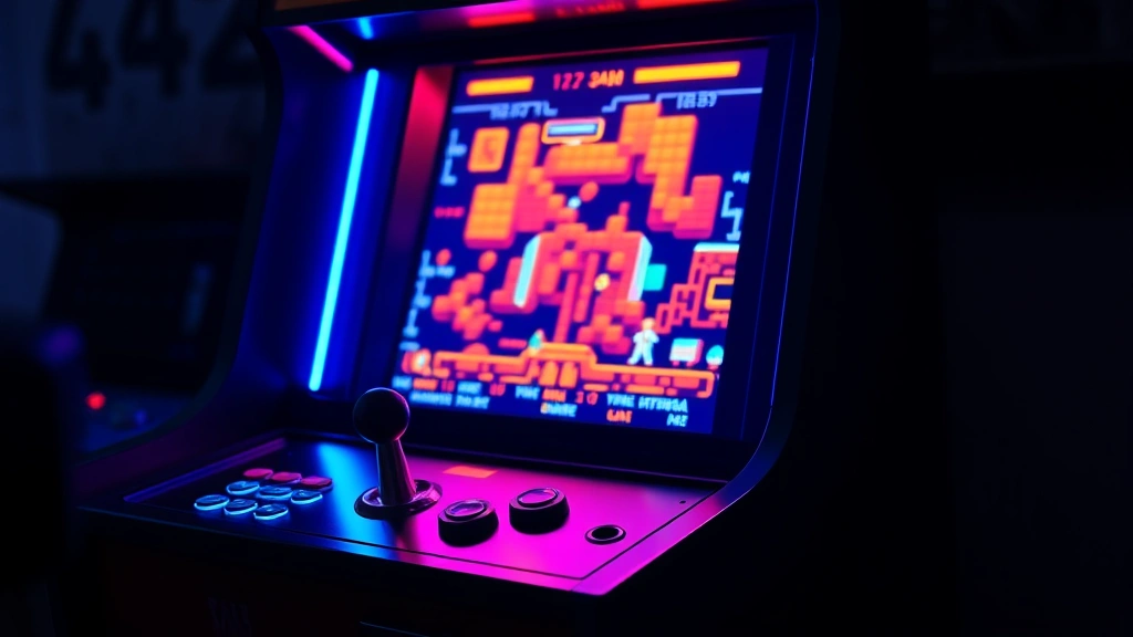 Retro arcade cabinet with glowing neon colors and classic joystick controls, nostalgic gaming aesthetic, vibrant pixel art on screen