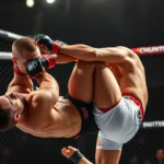 Professional MMA fighter performing takedown technique in octagon cage, dynamic action pose, dramatic lighting, realistic sports photography style