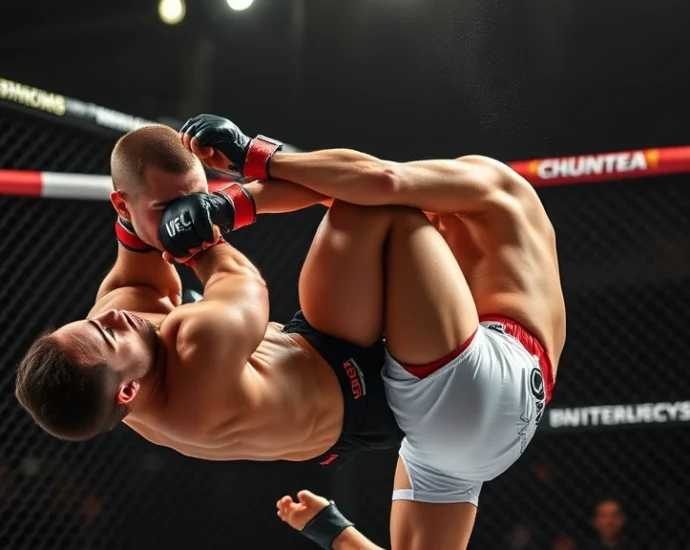 Professional MMA fighter performing takedown technique in octagon cage, dynamic action pose, dramatic lighting, realistic sports photography style