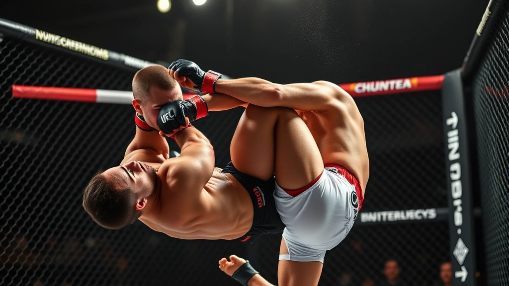 Professional MMA fighter performing takedown technique in octagon cage, dynamic action pose, dramatic lighting, realistic sports photography style