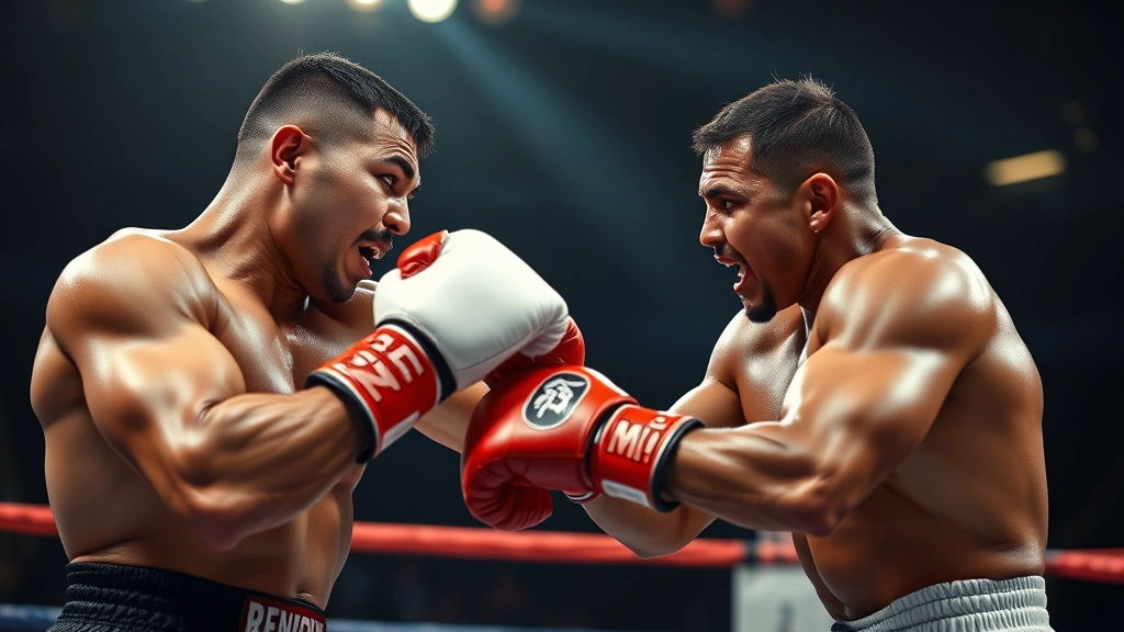 Two competitive fighters engaged in striking exchange, intense facial expressions, athletic combat motion, professional arena lighting, photorealistic rendering