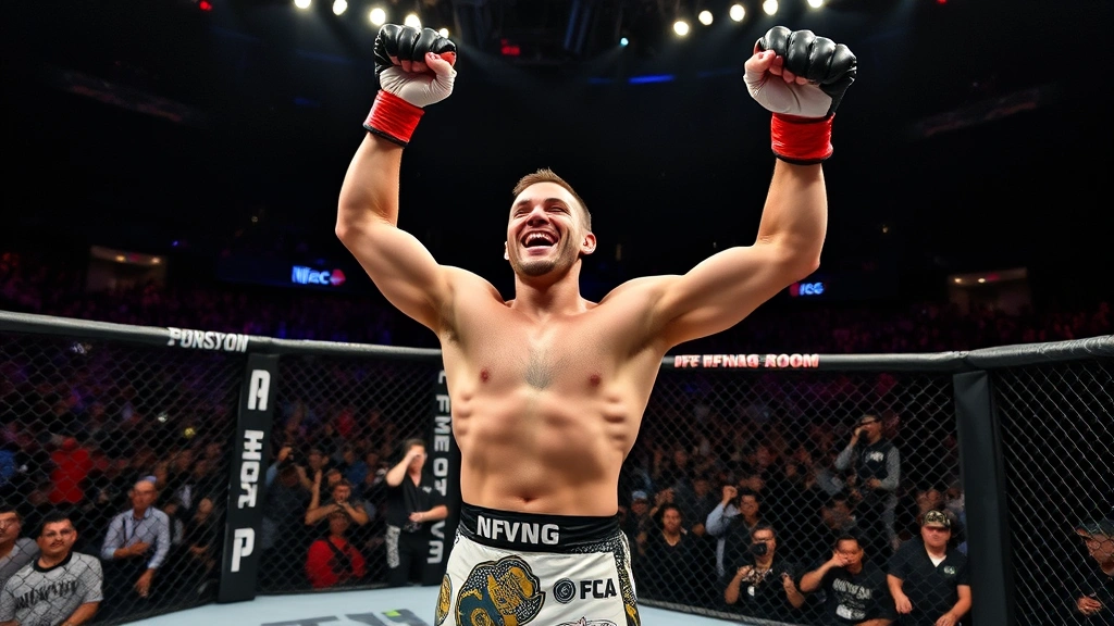 Championship fighter celebrating victory in octagon, triumphant pose, crowd visible in background, dramatic arena atmosphere, sports photography aesthetic