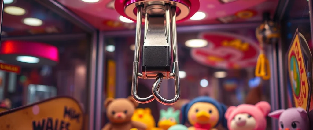 Close-up of a mechanical claw machine descending toward colorful prize plushies and character figurines in an arcade-style game box, vibrant lighting, detailed mechanical components visible