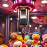 Close-up of a mechanical claw machine descending toward colorful prize plushies and character figurines in an arcade-style game box, vibrant lighting, detailed mechanical components visible