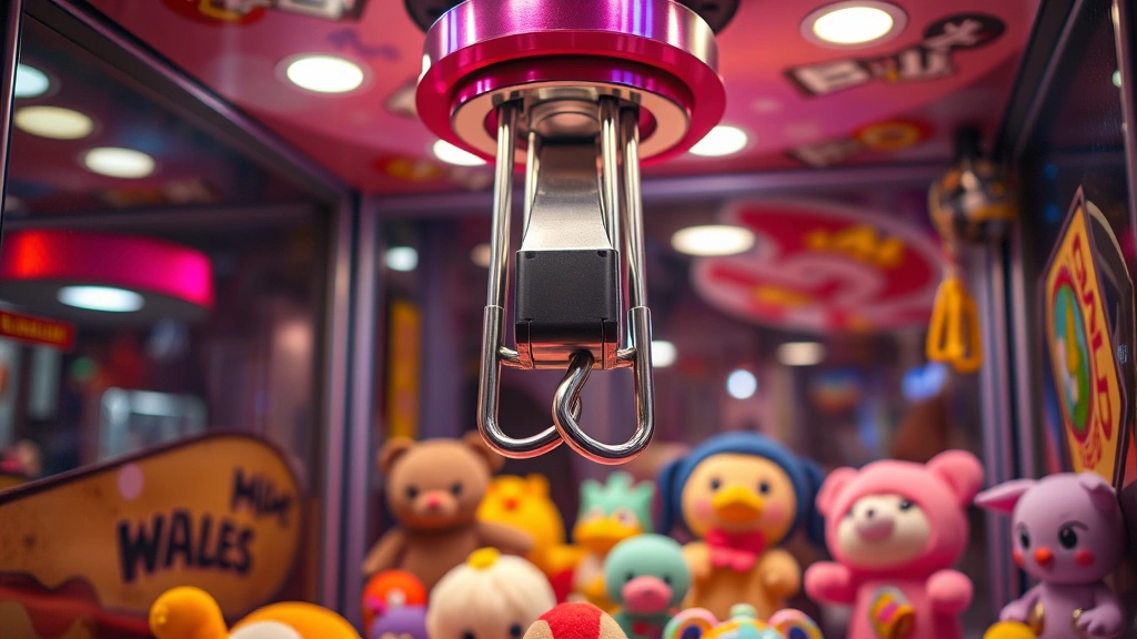 Close-up of a mechanical claw machine descending toward colorful prize plushies and character figurines in an arcade-style game box, vibrant lighting, detailed mechanical components visible
