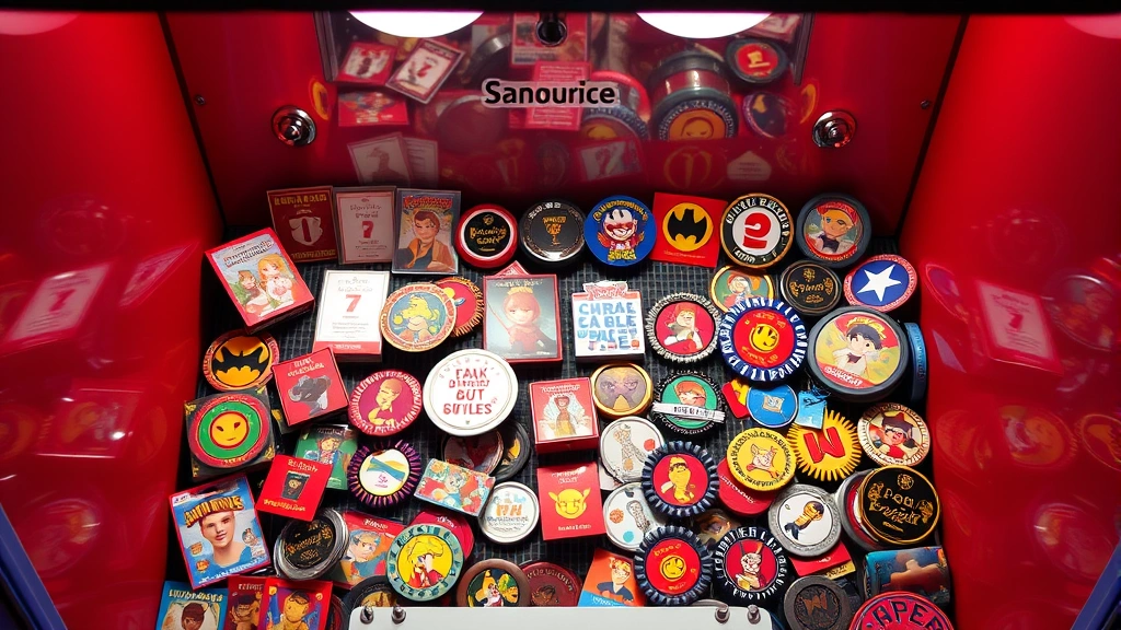 Overhead view of a claw game prize box showing strategic prize positioning against walls and corners, with various character collectibles and badges arranged for optimal and difficult grab locations