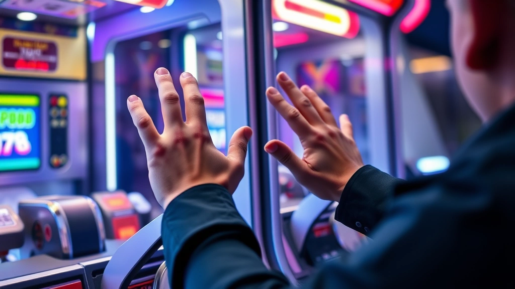 Professional gamer hands positioned on claw game controls during precise moment of grip activation, showing concentration and technique, arcade cabinet background, intense gaming atmosphere