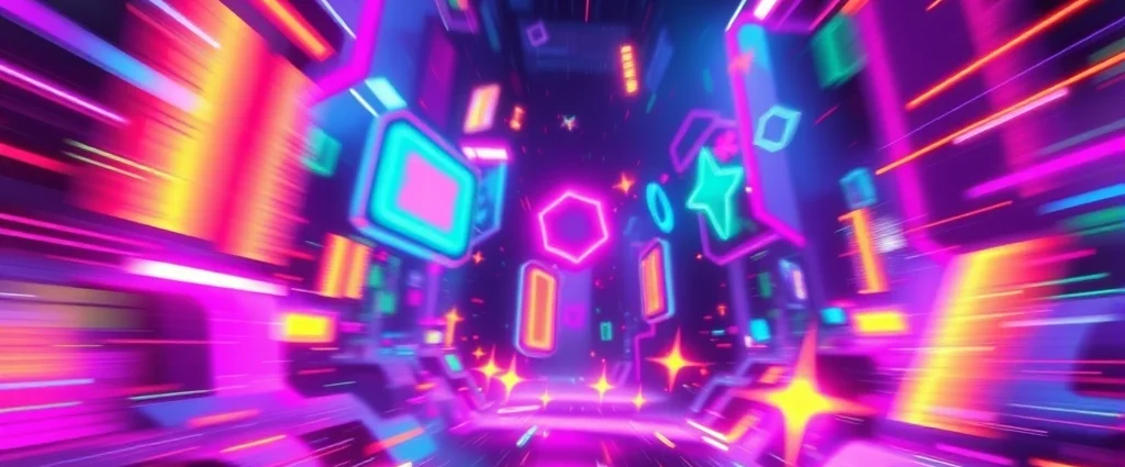 Colorful abstract gaming environment with glowing neon elements, dynamic motion blur, fast-paced arcade aesthetic, vibrant digital landscape with geometric shapes and particles flying through space