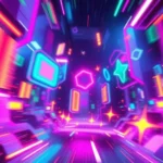 Colorful abstract gaming environment with glowing neon elements, dynamic motion blur, fast-paced arcade aesthetic, vibrant digital landscape with geometric shapes and particles flying through space