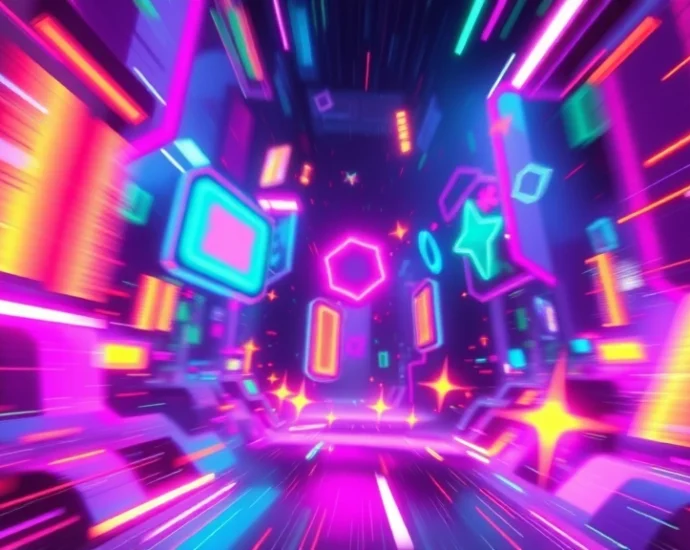 Colorful abstract gaming environment with glowing neon elements, dynamic motion blur, fast-paced arcade aesthetic, vibrant digital landscape with geometric shapes and particles flying through space