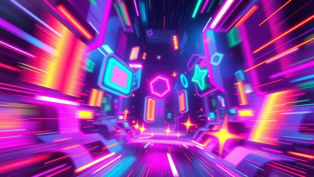 Colorful abstract gaming environment with glowing neon elements, dynamic motion blur, fast-paced arcade aesthetic, vibrant digital landscape with geometric shapes and particles flying through space