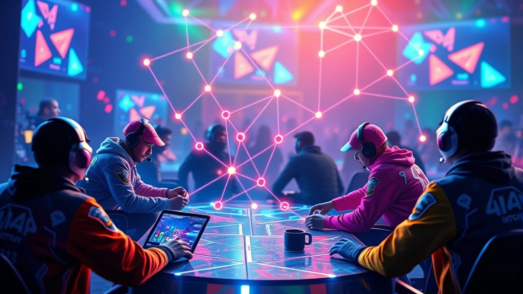Competitive multiplayer gaming scene showing multiple players collaborating in a digital arena, bright colors, teamwork visualization with interconnected network nodes and energy flows
