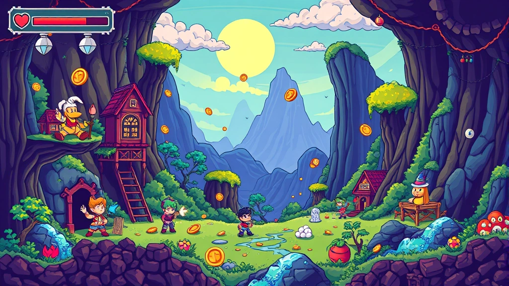 Retro pixel art gaming world with nostalgic 8-bit style characters and environments, vibrant color palette, classic arcade atmosphere with coins, power-ups, and fantasy elements scattered throughout