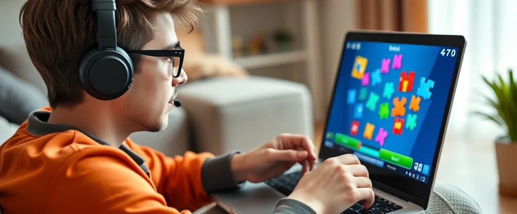 Gamer playing colorful puzzle games on laptop screen, casual home setting, natural lighting, focused expression, modern gaming aesthetic