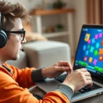 Gamer playing colorful puzzle games on laptop screen, casual home setting, natural lighting, focused expression, modern gaming aesthetic