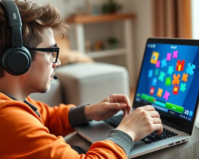 Gamer playing colorful puzzle games on laptop screen, casual home setting, natural lighting, focused expression, modern gaming aesthetic