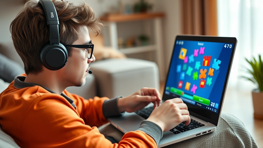 Gamer playing colorful puzzle games on laptop screen, casual home setting, natural lighting, focused expression, modern gaming aesthetic