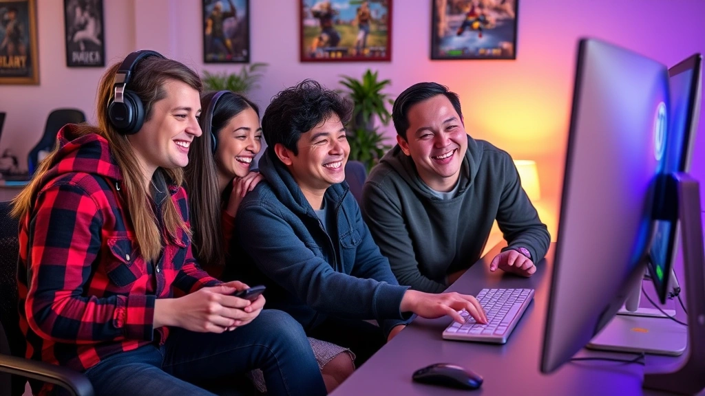 Friends laughing while playing multiplayer games on computer, collaborative gaming moment, colorful game graphics visible on monitor, happy social atmosphere