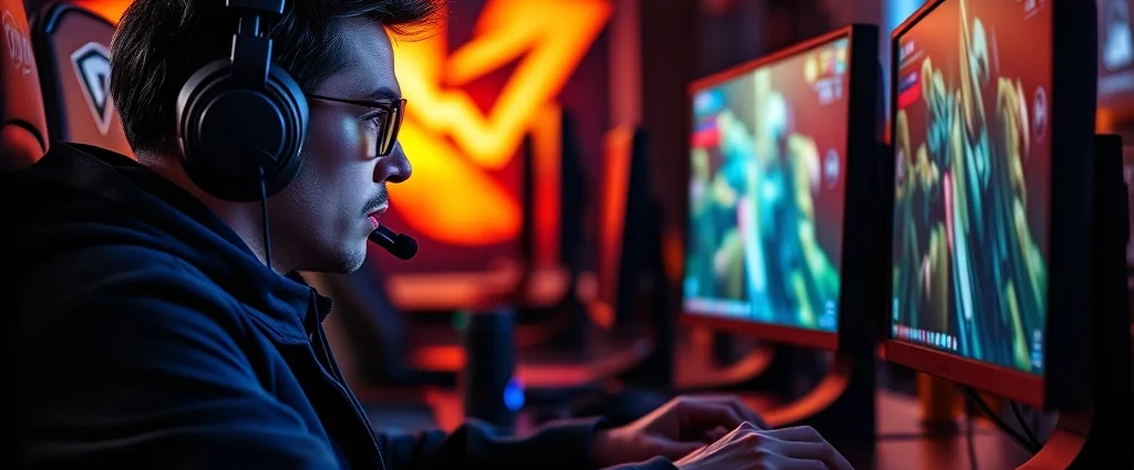 Professional gamer intensely focused on screen playing fast-paced action game with dynamic lighting and vivid colors, gaming setup visible, realistic photography