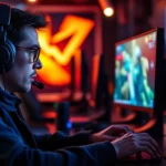 Professional gamer intensely focused on screen playing fast-paced action game with dynamic lighting and vivid colors, gaming setup visible, realistic photography