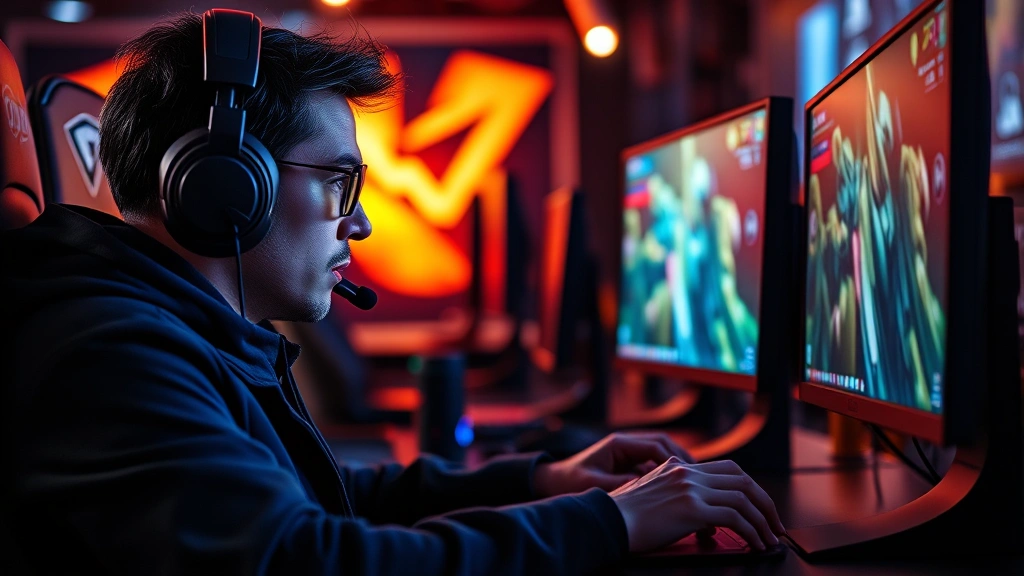 Professional gamer intensely focused on screen playing fast-paced action game with dynamic lighting and vivid colors, gaming setup visible, realistic photography