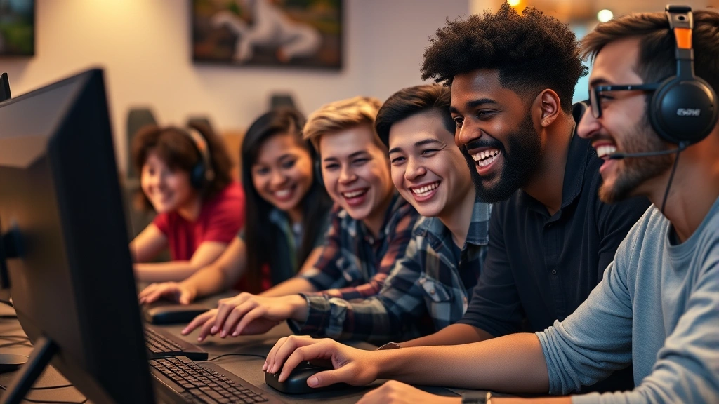 Diverse group of friends laughing while playing cooperative multiplayer game together on computers, casual gaming environment, warm lighting, candid moment