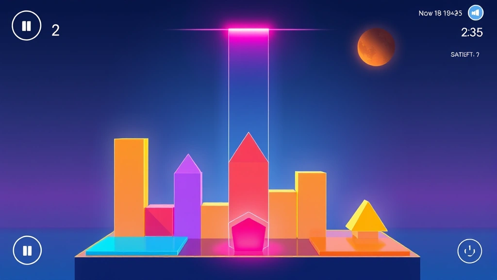 Minimalist puzzle game interface showing colorful geometric shapes and satisfying visual feedback, clean modern design, abstract gaming aesthetic, photorealistic rendering