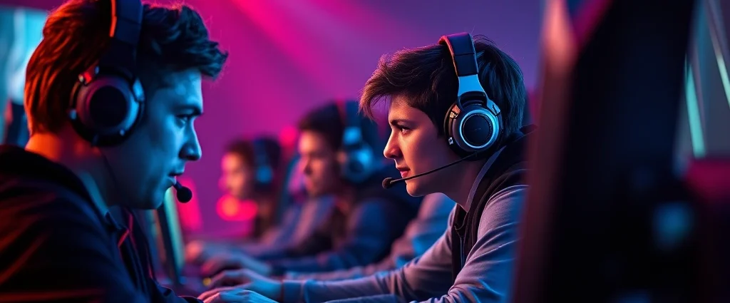 Intense competitive gaming tournament with players wearing headsets at high-tech gaming stations, dramatic blue and red lighting, focused concentration on faces, professional esports arena environment