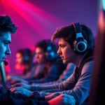 Intense competitive gaming tournament with players wearing headsets at high-tech gaming stations, dramatic blue and red lighting, focused concentration on faces, professional esports arena environment