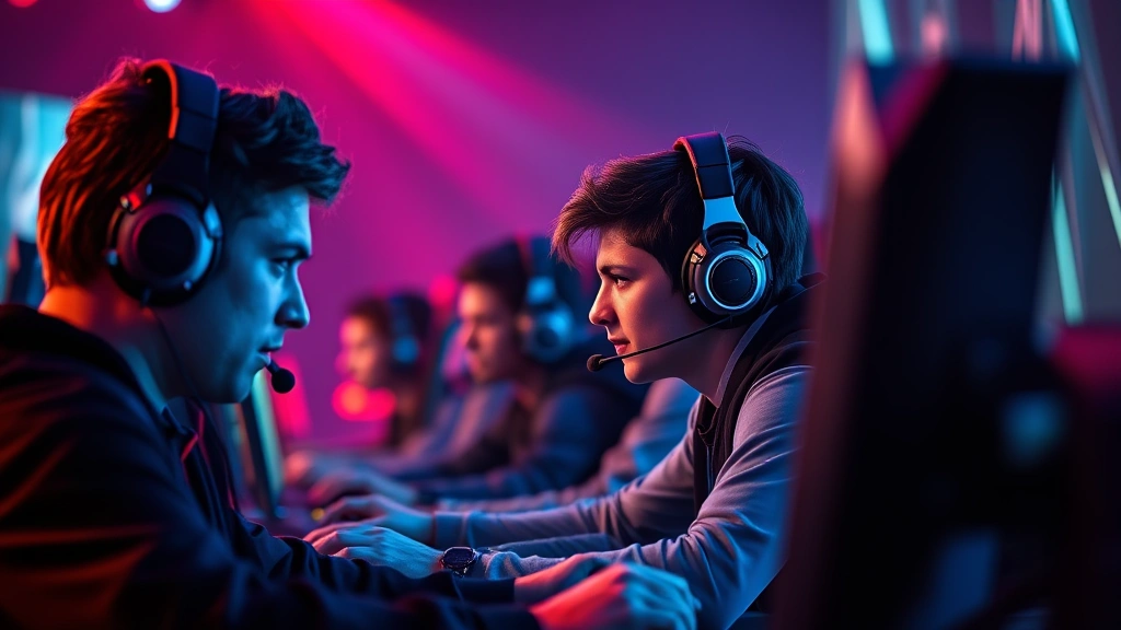 Intense competitive gaming tournament with players wearing headsets at high-tech gaming stations, dramatic blue and red lighting, focused concentration on faces, professional esports arena environment