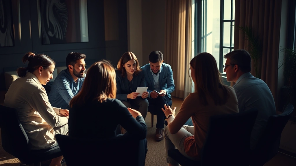 Group of diverse people sitting in circle having tense strategic discussion, showing alliance-building and negotiation dynamics, emotional intensity visible, intimate indoor setting with dramatic shadows