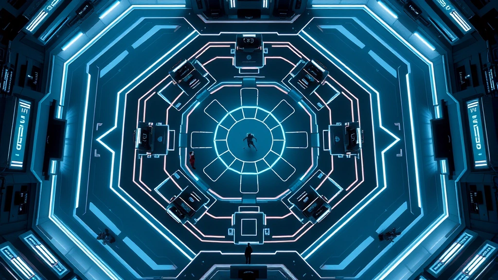 Aerial view of elaborate game arena setup with geometric patterns and multiple competition stations, players positioned strategically, modern minimalist design with stark lighting contrasts, no visible game UI or text