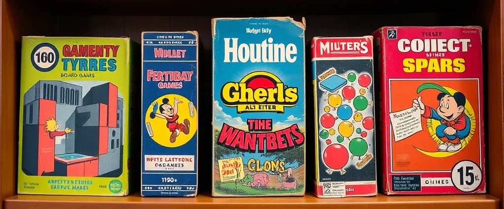 Colorful vintage board game boxes from 1960s displayed on wooden bookshelf, showing classic game titles with period artwork and typography, warm lighting highlighting vibrant colors and aged cardboard texture