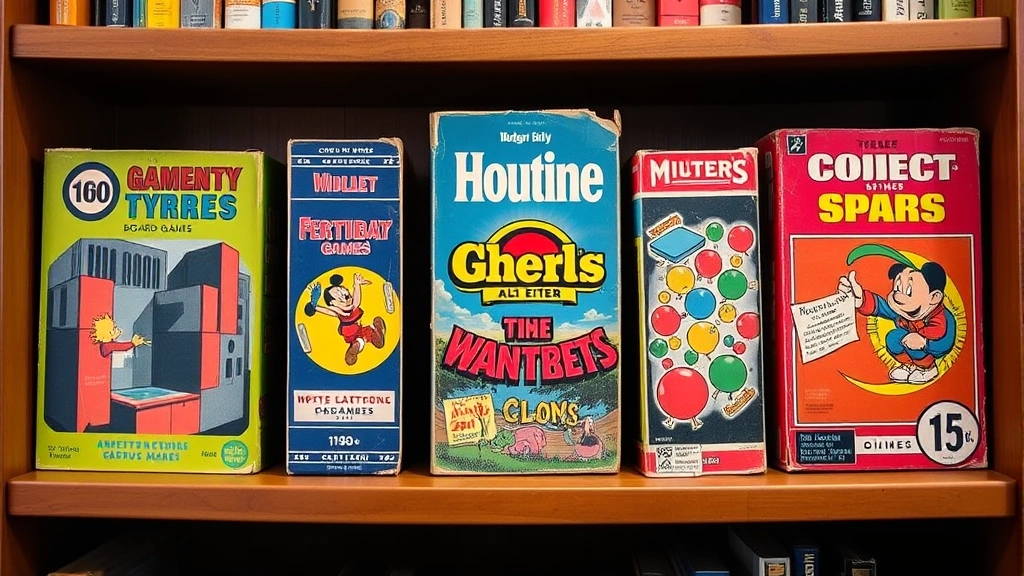 Colorful vintage board game boxes from 1960s displayed on wooden bookshelf, showing classic game titles with period artwork and typography, warm lighting highlighting vibrant colors and aged cardboard texture