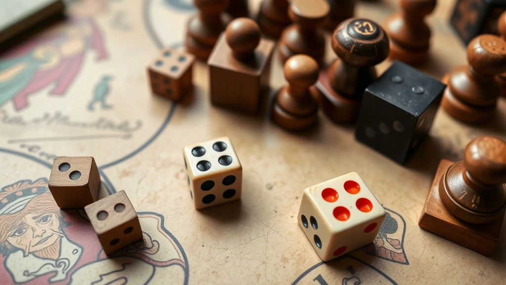 Close-up of vintage game components including wooden game pieces, dice, and cards from mid-century board games, arranged on aged game board with hand-painted illustrations, natural daylight showing fine details
