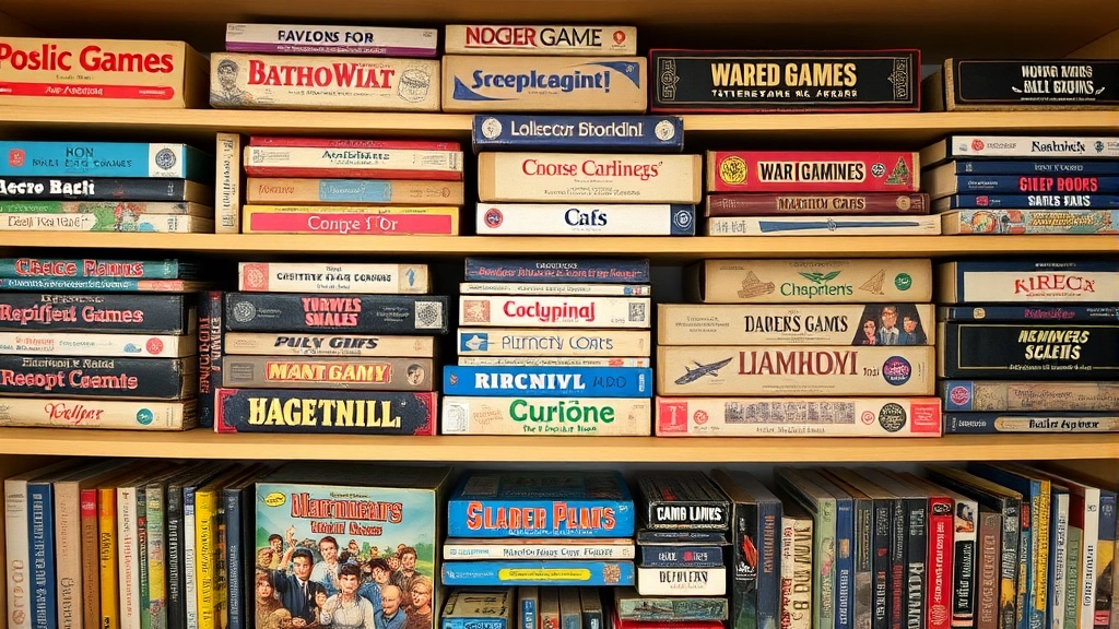 Collector's shelf displaying rare vintage board games and strategy games from 1950s-1980s, carefully organized with protective storage, showing mix of family games and complex wargaming titles with worn but cherished boxes