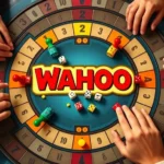 Overhead view of a colorful Wahoo board game with four sets of game pieces positioned strategically around the circular track, showing dice and player hands in action, warm lighting highlighting the game pieces and board details