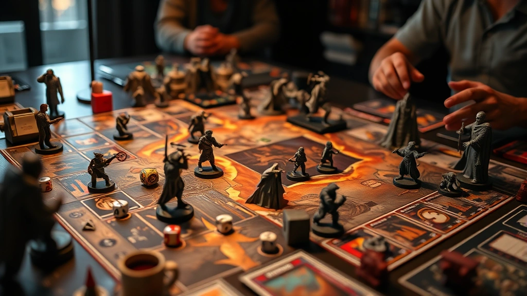 Tabletop board game in progress showing miniature figures, dice, cards, and terrain pieces on a gaming table with dramatic lighting, focused on gameplay elements without visible text or UI
