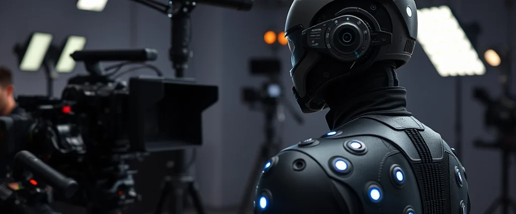 Close-up of sophisticated motion capture technology with reflective markers on specialized suit in professional studio setting with multiple cameras and lighting rigs