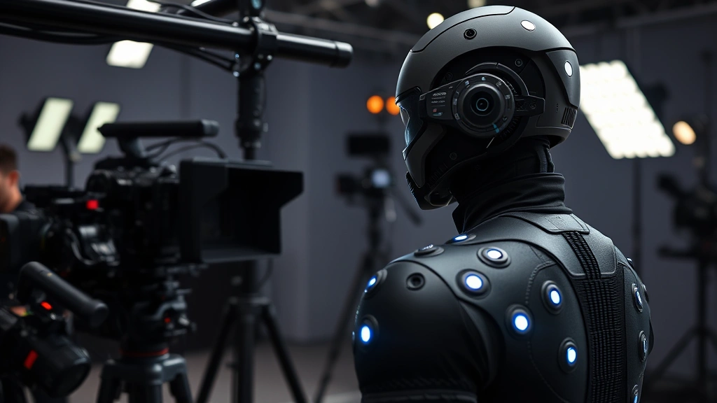 Close-up of sophisticated motion capture technology with reflective markers on specialized suit in professional studio setting with multiple cameras and lighting rigs