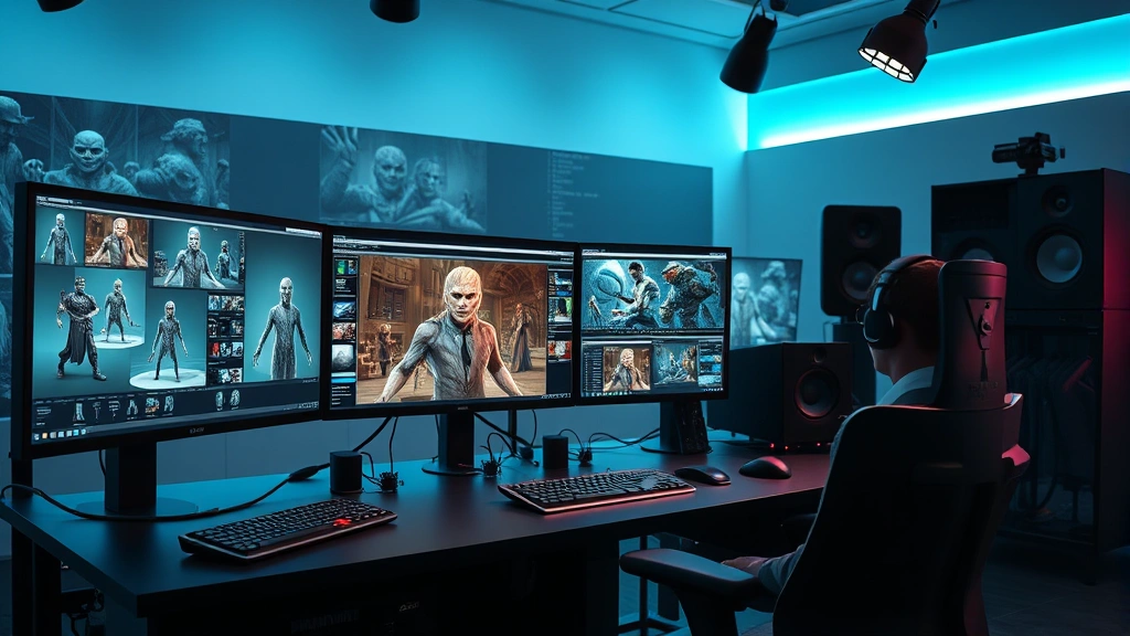 State-of-the-art visual effects rendering workstation displaying complex 3D character models and digital animation software on multiple monitors with professional lighting