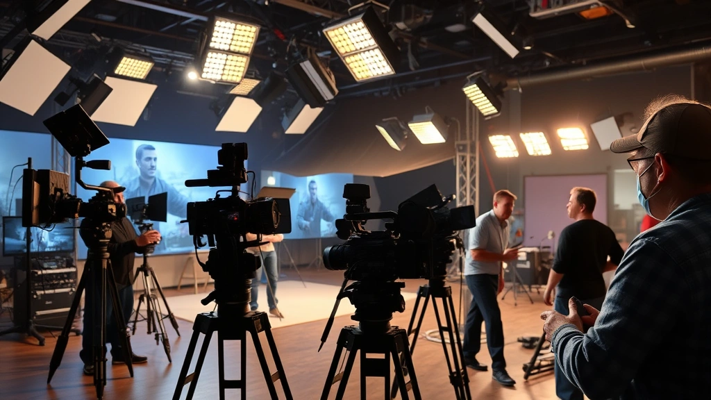 Behind-the-scenes film production set with professional cinematography equipment, lighting arrays, and crew members working on a dramatic television scene