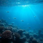 Underwater bioluminescent coral reef with glowing creatures swimming through crystalline water, photorealistic ocean environment with light rays penetrating from surface above, vibrant marine ecosystem at night