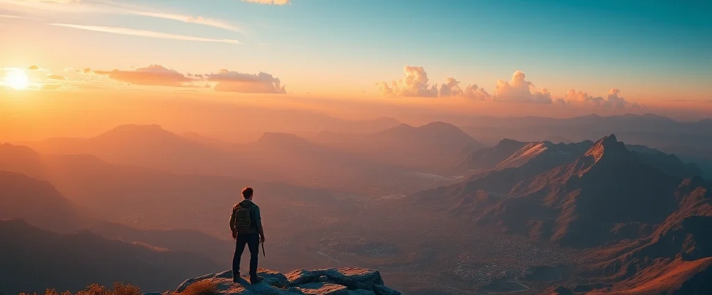A lone adventurer standing on a mountain peak overlooking a vast fantasy landscape with multiple biomes visible below, dramatic sunset lighting, photorealistic, no UI elements