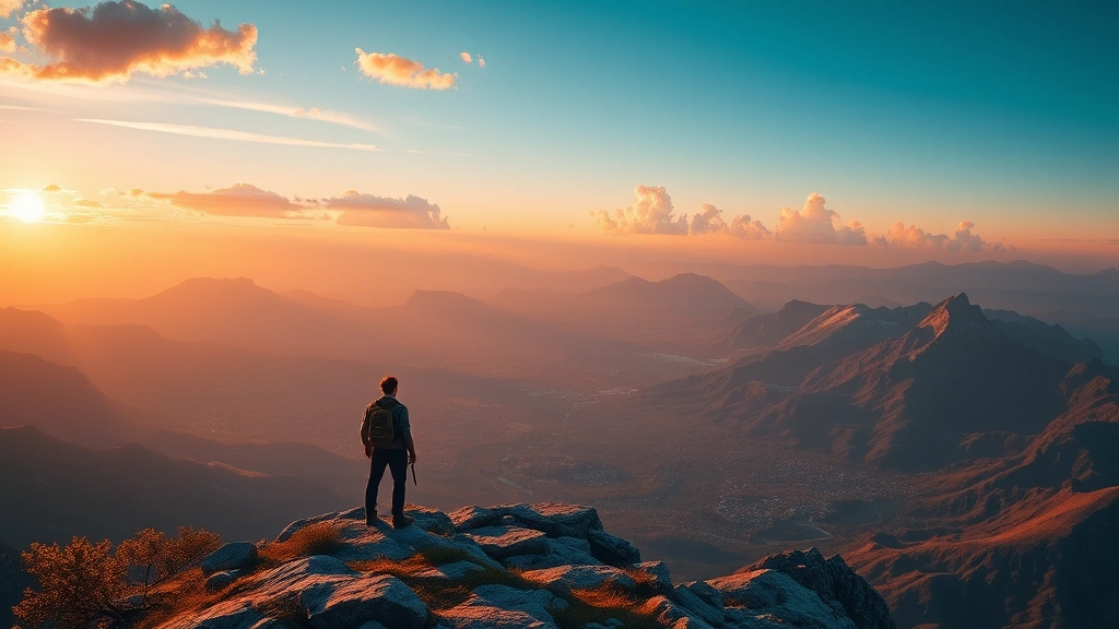 A lone adventurer standing on a mountain peak overlooking a vast fantasy landscape with multiple biomes visible below, dramatic sunset lighting, photorealistic, no UI elements