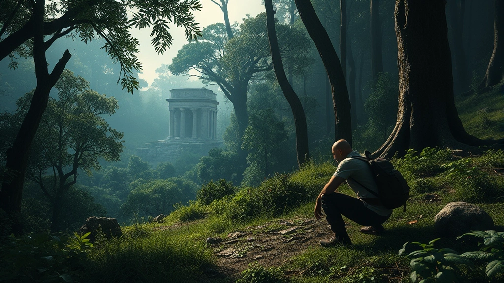 A character crouching in a dense forest environment with detailed vegetation, mysterious ancient ruins visible in the distance through trees, atmospheric lighting
